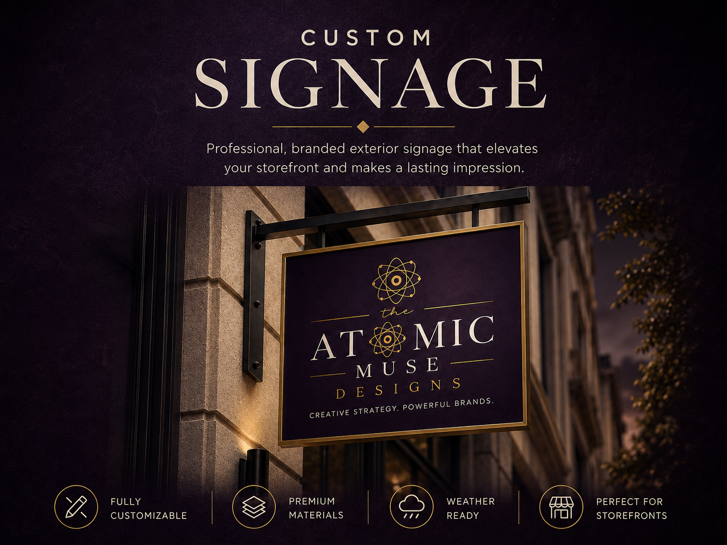 Collection of custom interior and exterior signage designed by Atomic Muse